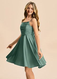 Azazie Miko Junior Eucalyptus A-Line Pleated Stretch Satin Dress image7