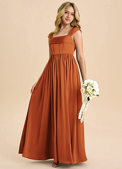 Azazie Hattie Junior Abito A-Line in Raso Elasticizzato Plissettato Cannella image6