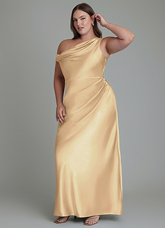 Azazie Emerson Bridesmaid Dresses Champagne Mermaid Off the Shoulder Metallic Satin Dress image4
