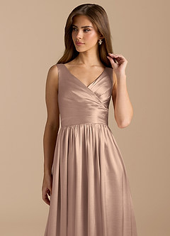 Azazie Keyla Bridesmaid Dresses Taupe A-Line Pleated Metallic Satin Dress image8