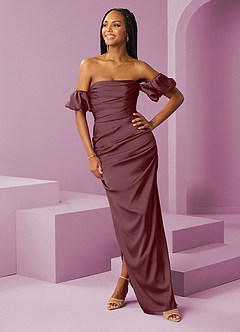 Barbie ♥ Azazie Bridesmaid Dresses Sangria Sheath Off the Shoulder Stretch Satin Convertible Dress image3