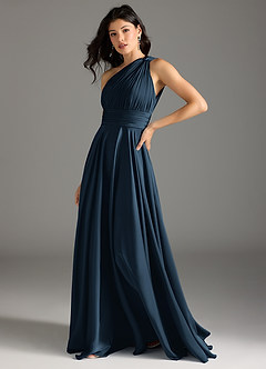 Azazie Charlize Jurken voor bruidsmeisjes Jurk van Stretch Satijn met A-lijn One-shoulder Donkere Marine image4