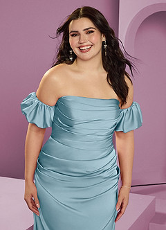 Barbie ♥ Azazie Robes de demoiselle d'honneur Robe Fourreau Convertible en Satin extensible Épaule décolletée Bleu Maussade image15
