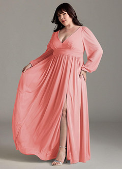 Azazie Norah Bridesmaid Dresses Coral A-Line V-Neck Long Sleeve Chiffon Dress image10