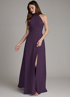 Azazie Myra Bridesmaid Dresses Plum A-Line High Neck Chiffon Dress image4