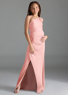 Azazie Eren Junior Powder Pink Sheath Pleated Stretch Satin Dress image3