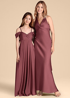 Azazie Kaitlynn Junior Abito A-Line in Raso Elasticizzato a Spalla Scoperta Merlot image3