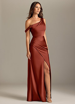 Azazie Madelyn Jurken voor bruidsmeisjes Converteerbaar Jurk van Stretch Satijn met Zeemeermin Off the Shoulder Terracotta image4
