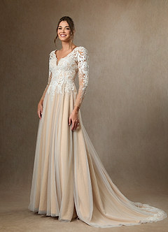 Azazie Essy Wedding Dresses Diamond White Champagne A-Line V-Neck Sequins Tulle Dress image1