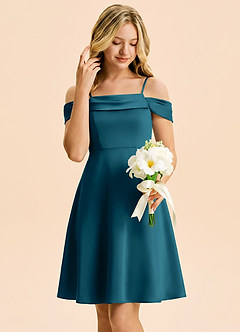Azazie Anselie Junior Ink Blue A-Line Off the Shoulder Stretch Satin Dress image4