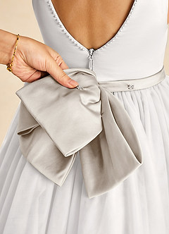 Azazie Seline Flower Girl Dresses Ivory Frost A-Line Bow Tulle Dress image3