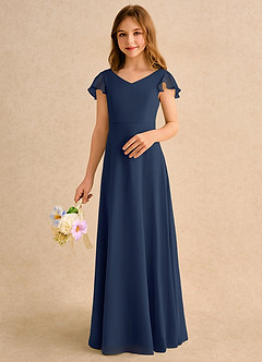 Azazie Nari Girls Formal Flower Girl Dresses Dark Navy A-Line with Sleeves Chiffon Dress image4