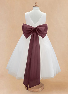 Azazie Kavi Flower Girl Dresses Ivory Sangria A-Line Bow Matte Satin Dress image8