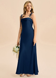 Azazie Willa Junior Robe Sirène en Satin extensible Nœud Bleu Marine Foncé image5
