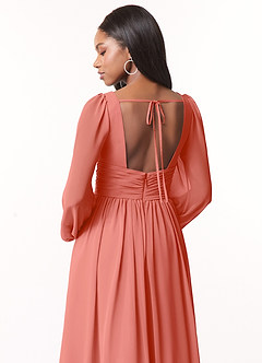 Azazie Norah Bridesmaid Dresses Salmon Pink A-Line V-Neck Long Sleeve Chiffon Dress image3