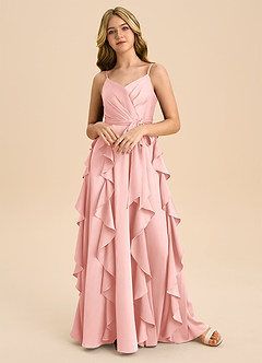 Azazie Peyton Junior Powder Pink A-Line Pleated Stretch Satin Dress image4