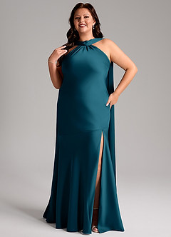 Azazie Kinsley Vestidos de damas de honor Vestido de Azul Tinta de Satén Elástico de Corte Sirena con Corte Lateral image11