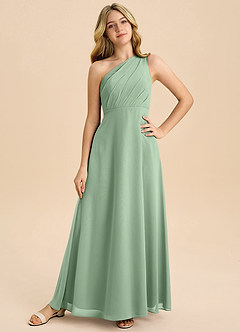 Azazie Phaedra Junior Abito A-Line in Chiffon Plissettato Matcha image3