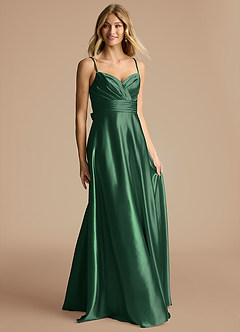 Azazie Oliana Bridesmaid Dresses Dark Green A-Line Pleated Metallic Satin Dress image4