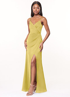 Azazie Maci Bridesmaid Dresses Canary A-Line V-Neck Pleated Stretch Satin Dress image3