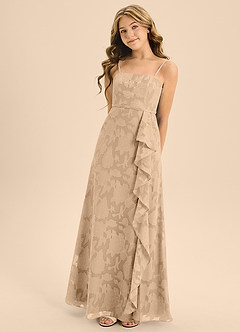 Azazie Kaylee Junior A-Linie Gürtel/Schärpe Blumen-Burnout Kleid Champagner image1