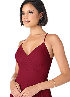 Azazie Avelina Bridesmaid Dresses Burgundy A-Line V-Neck Pleated Chiffon Dress image4