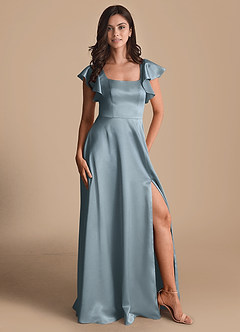 Azazie Bondi Bridesmaid Dresses Dusty Blue A-Line Bow Metallic Satin Dress image5