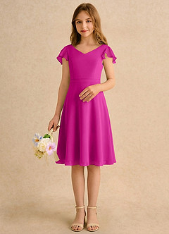 Azazie Narin Girls Formal Robe Demoiselle D'honneur Fillette Robe Trapèze en Mousseline de soie avec manches Fuchsia image3