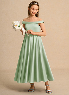 Azazie Teeny Junior Formal Jurken voor bloemenmeisjes A-Lijn Jurk van Mat Satijn Geplooid Stoffige Salie image4