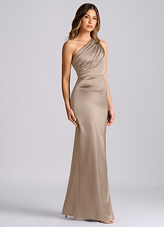 Azazie Akilah Jurken voor bruidsmeisjes Jurk van Stretch Satijn met Zeemeermin One-shoulder Taupe image3