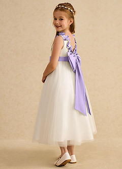Azazie Lilli Blumenmädchenkleider A-Linie Schleifen Tüll Kleid Elfenbein Flieder image4
