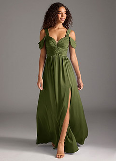 Azazie Lianne Bridesmaid Dresses Olive A-Line Off the Shoulder Stretch Satin Dress image2