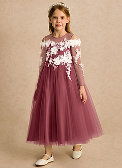 Azazie Lilah vestidos de niña de las flores Vestido Merlot de Tul de Línea A con Encaje image5