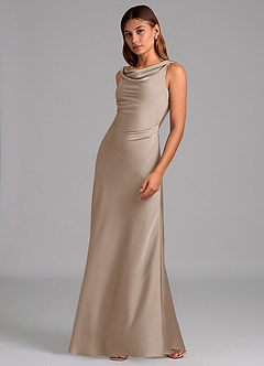 Azazie Nerine Bridesmaid Dresses Taupe A-Line Pleated Stretch Satin Dress image4
