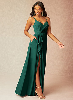 Azazie Kyedae Bridesmaid Dresses Emerald A-Line V-Neck Pleated Chiffon Dress image3