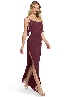 Azazie Jasmine Bridesmaid Dresses Cabernet Sheath Side Slit Chiffon Dress image3