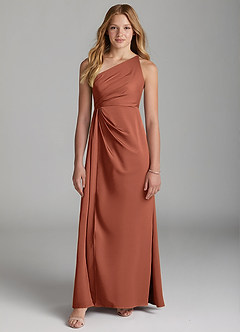 Azazie Mika Junior Robe Trapèze en Satin extensible Plissée Argile image3