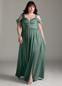 Azazie Lianne Bridesmaid Dresses Eucalyptus A-Line Off the Shoulder Stretch Satin Dress image9