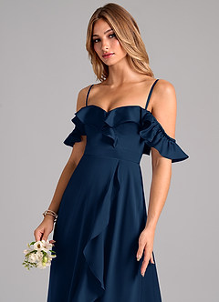 Azazie Lyra Bridesmaid Dresses Dark Navy A-Line Off the Shoulder Stretch Satin Convertible Dress image7