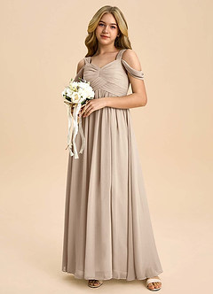 Azazie Lianne Junior Taupe A-Line Off the Shoulder Chiffon Dress image1