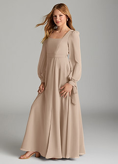 Azazie Leonia Junior Taupe A-Line with Pockets Chiffon Dress image4