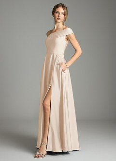 Azazie Melanie 신부 들러리 드레스 A라인 오프 더 숄더 스트레치 새틴 바닥 길이 드레스 image4