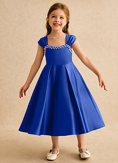 Azazie Yosemite vestidos de niña de las flores Vestido de Azul Real de Satin Mate de Corte Princesa con Escote de Corazón image3