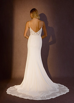 Azazie Rosalina Wedding Dresses Diamond White Sand Mermaid V-Neck lace Crepe Back Satin Dress image5