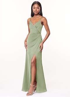 Azazie Maci Bridesmaid Dresses Dusty Sage A-Line V-Neck Pleated Stretch Satin Dress image3