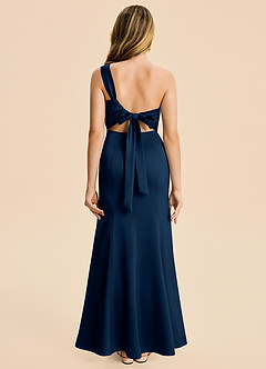 Azazie Ren Junior Dark Navy A-Line Pleated Stretch Satin Dress image2