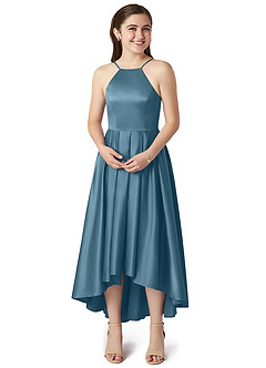 Azazie Jemima Junior A-Linie mit Taschen Stretch-Satin Kleid Bermudablau image4