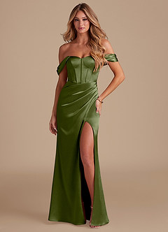 Azazie Asha Bridesmaid Dresses Olive Sheath Off the Shoulder Metallic Satin Dress image1