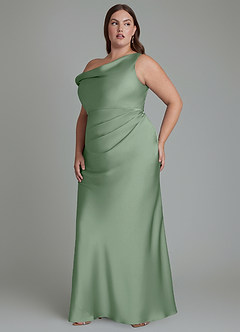 Azazie Emerson Vestidos de damas de honor Vestido Matcha de Satén Elástico de Corte Sirena con Hombros descubiertos image11