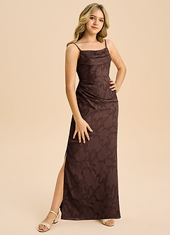 Azazie Mai Junior Ganache Sheath Pleated Floral Burnout Dress image4